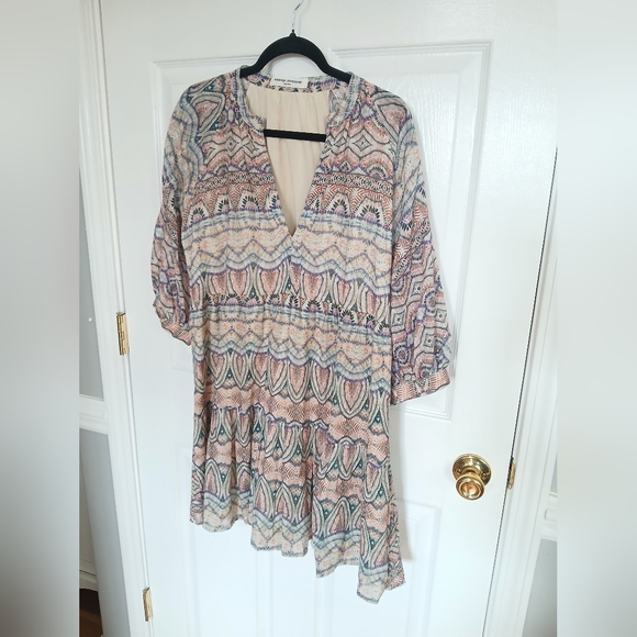 Amanda Uprichard Diego Peasant Balloon Sleeve Mini Dress with Multicolor Trim L - Picture 2 of 7